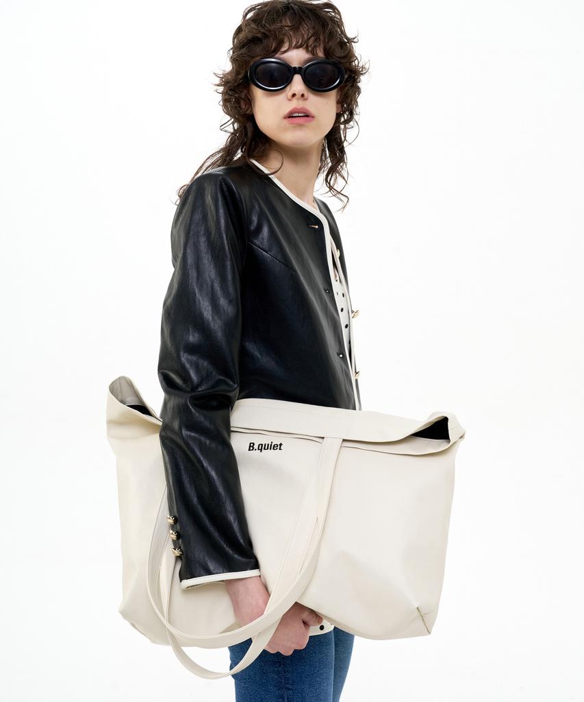 B Quiet Logo-Embroidered Faux Leather Shopper Bag_Ivory