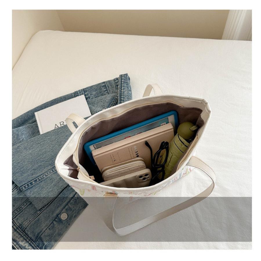 Women's Canvas Tote Bag with Embroidery, Large Capacity Casual Shoulder Bag for School and Work, Striped Design with Cloud Charm