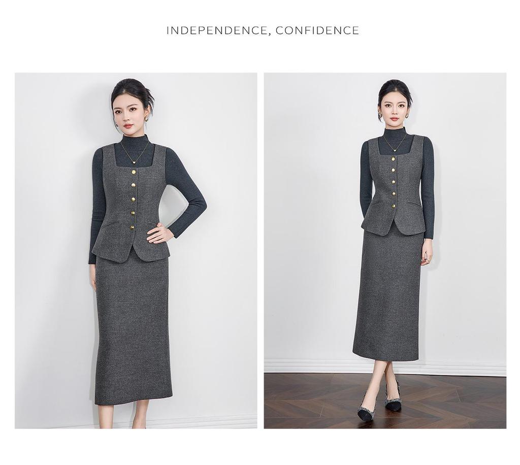 Women's Elegant Woolen Vest & Knit Base Layer with Back Slit Skirt Set