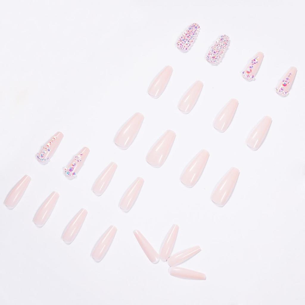 Nude Ballet Wear Long False Nails with Full Drill Design and Removable Nail Art Stickers