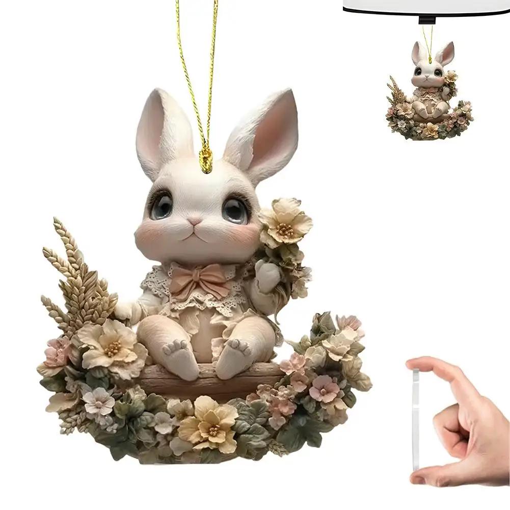 

2D Easter Bunny Pendant Decoration Cute Bicycle Rabbit Kids Rearview Decoration Car Gift Hang Home Mirror Ornament V2A0