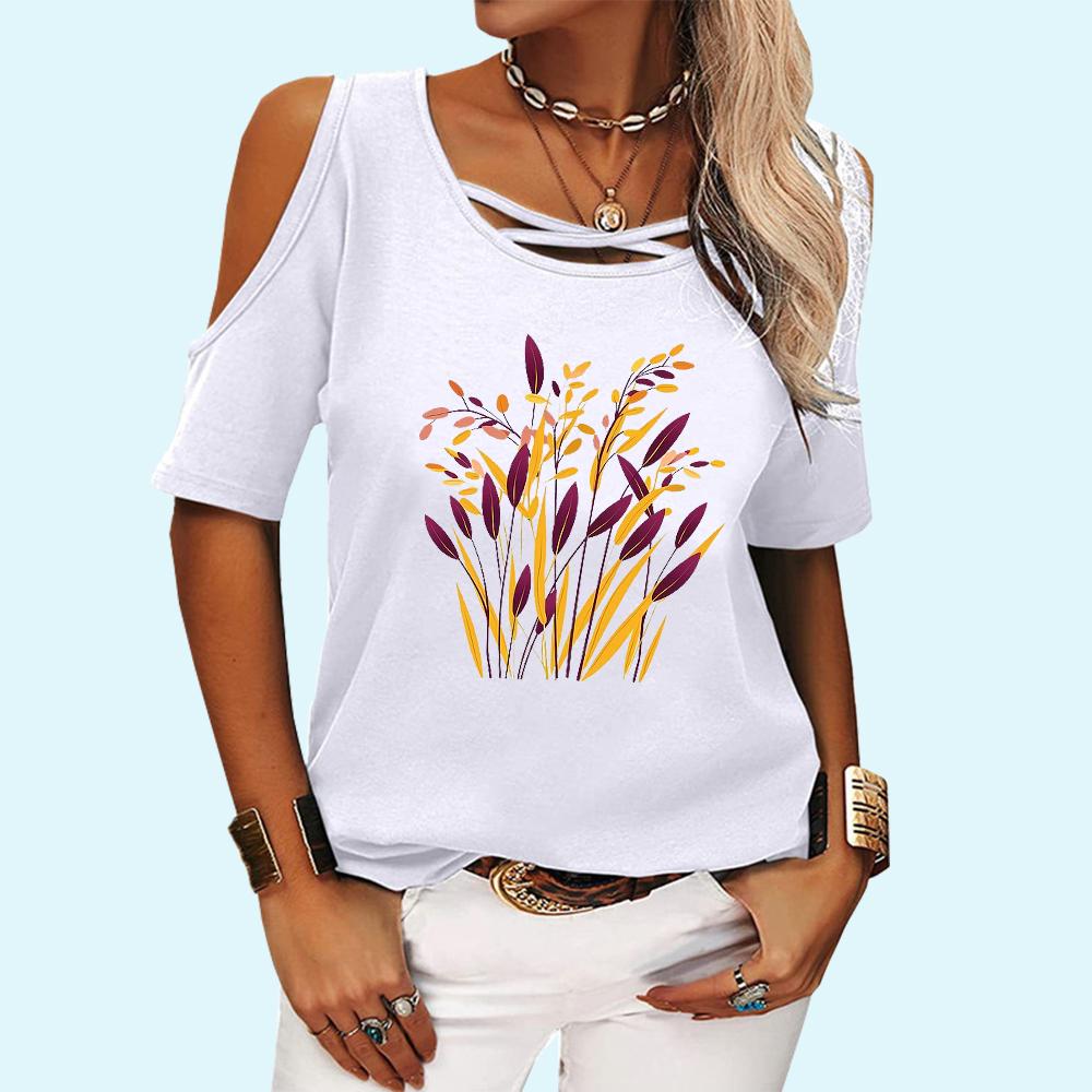 Women Fashion Round Collar Tee Shirt Summer Off Shoulder Short Sleeve Top Casual Floral Print T-shirt