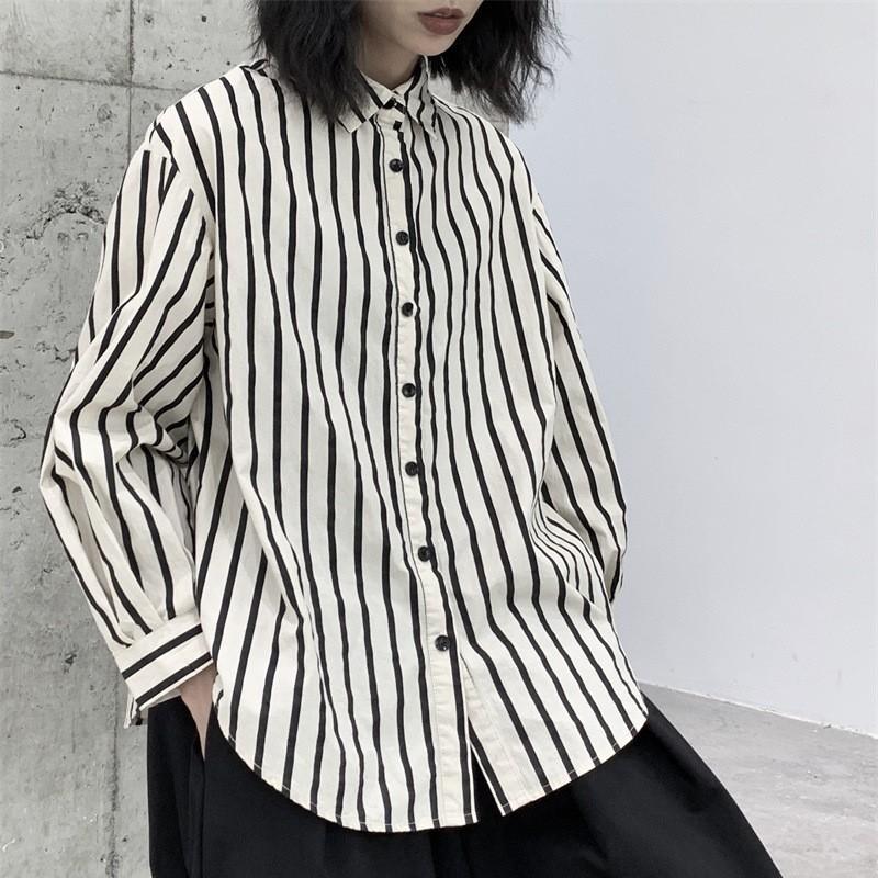 Johnature Simple Loose Striped Long Sleeve Shirt Spring Lapel Casual Loose Women Shirts
