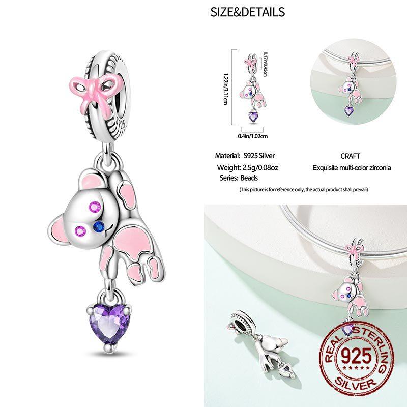 Real Copper Princess Pink Bear Bead Blue Rose Red Bears Pendant Charms Fit Bracelet Neckalce Diy Bithday Gift