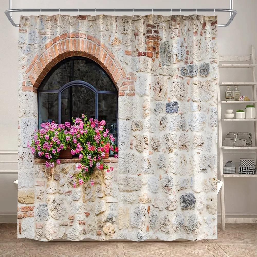 Green Ivy And Old Stone Of Wall Shower Curtain Nature Bathroom Extra Long Waterproof Washable Polyester Fabric For Bathtub Decor