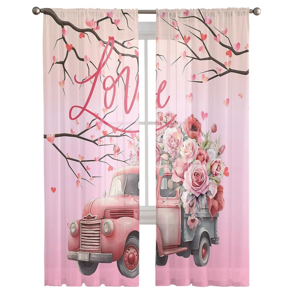 Valentine'S Day Love Truck Rose Branch Sheer Window Curtain Tulle Curtains for Livingroom Bedroom Hotel Home Decor Voile Drapes