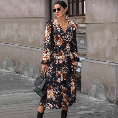 Autumn Women's V-neck Printed Mid-length Dress Women Chic Comfortable and Versatile Temperament Elegant Casual Women's Clothing Gentle Lady's Dress