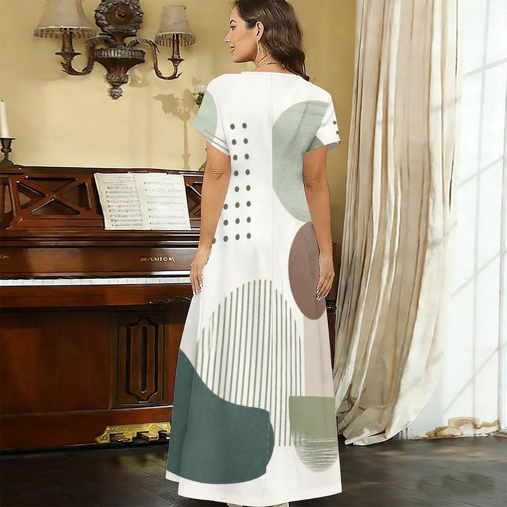 Women Plus Size V Neck Short Sleeve Printed Straight Long Dress