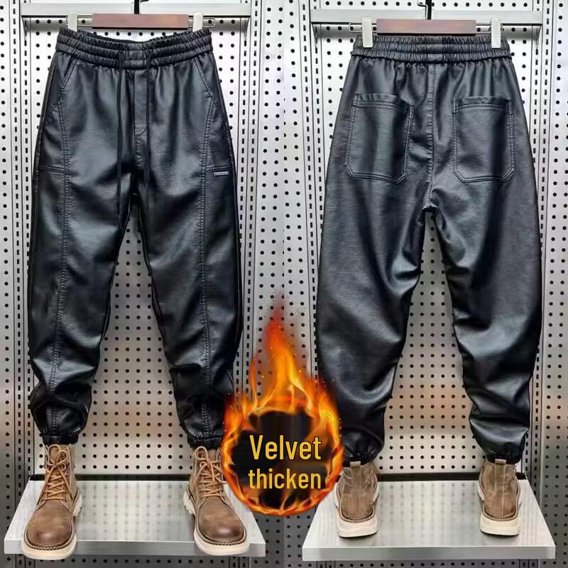 Men's Plush Thickened Leather Motorcycle Pants - Windproof, Warm, Casual Leggings for Autumn and Winter