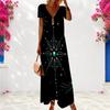 Women Plus Size V Neck Short Sleeve Floral Printed Black Long Dress