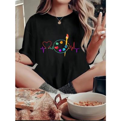 Colorful Geometric Women's Casual Crew Neck T-Shirt with Heart Paint Palette Print for Summer Casual Comfortable Woman Clothing