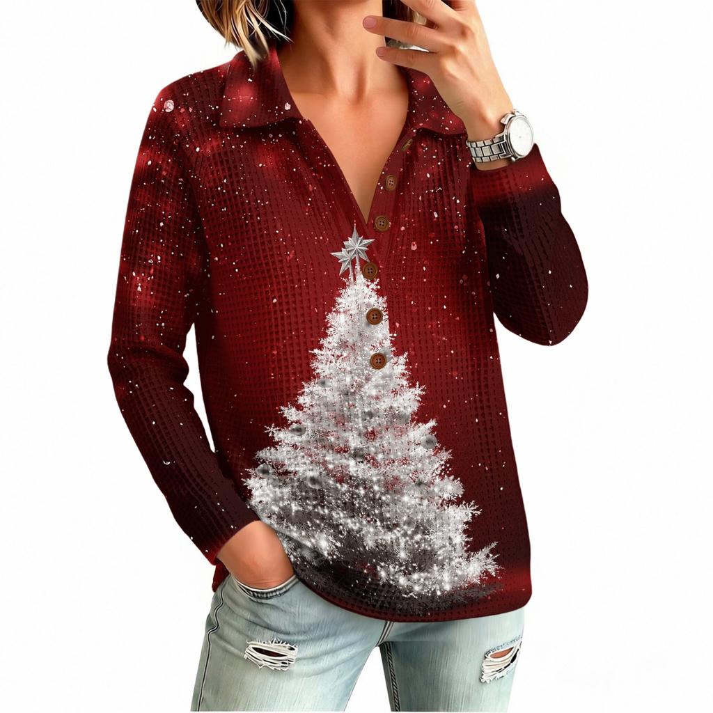 Damen Strickoberteil mit Weihnachtsdruck, Langarm, Lässige Feiertagsbluse für festliche Anlässe
