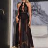 European & American Sexy Mesh Halter Lingerie Set with Hollow Out Long Dress