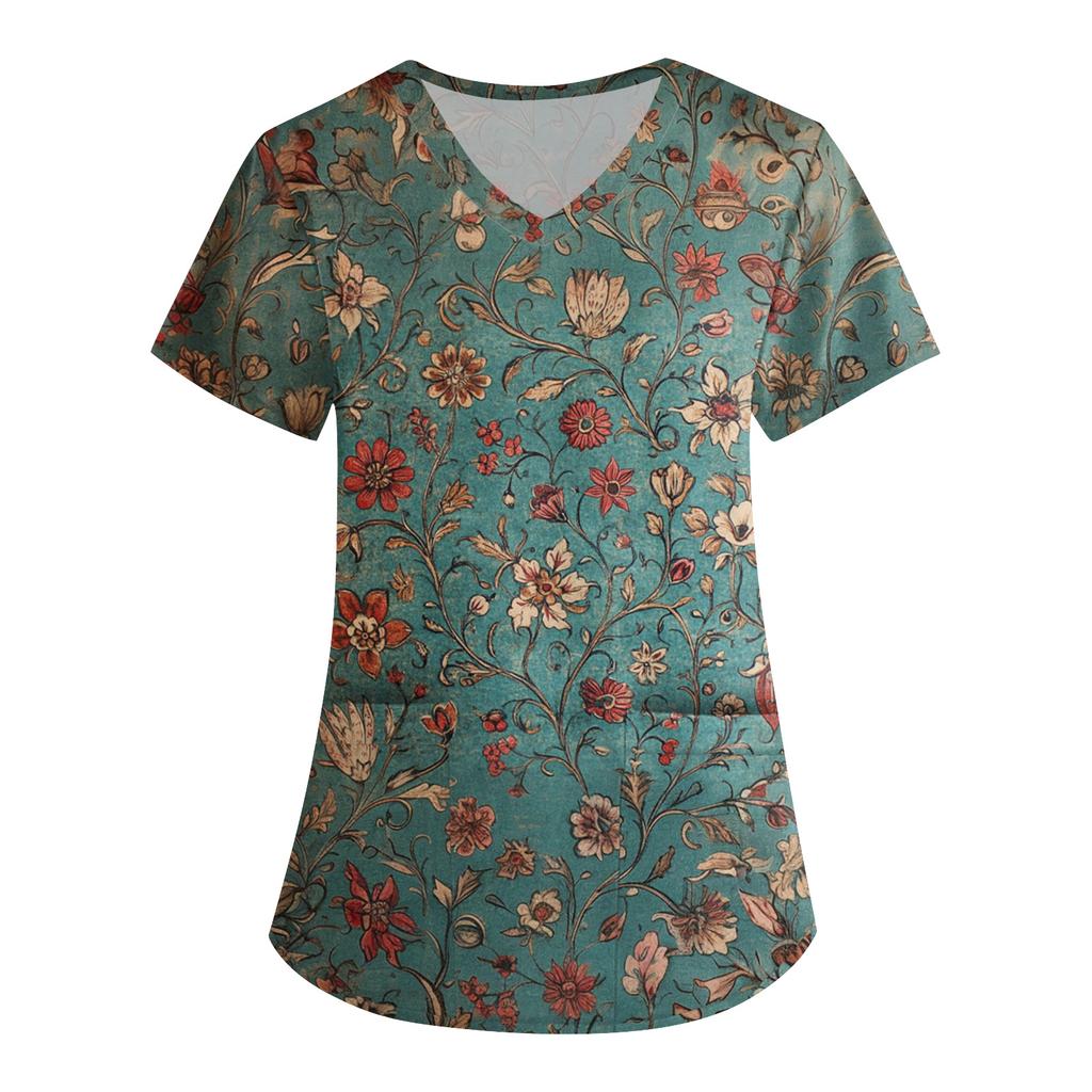 Women's Cute Printed Work Clothes V-neck Double Layer Pockets Basic Short Sleeve Top Pullover Valentines