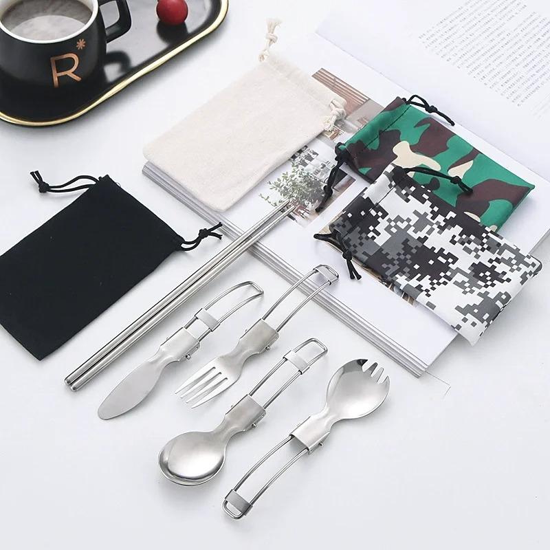 Creative Folding Design Outdoor Portable Picnic Tableware Set Stainless Steel Folding Salad Spoon Fork Chopsticks Kitchen Tools
