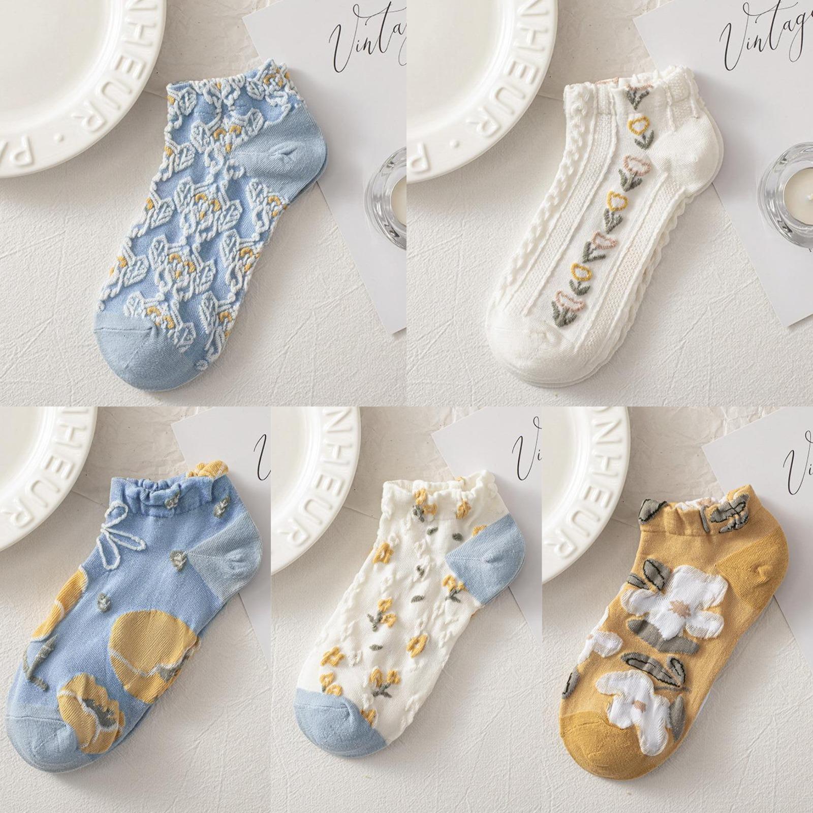 

5pc Women Short Socks Summer Floral Pattern Ankle Socks Breathable Soft Cotton Blend Low Cut Socks for Daily Wear One Size синій