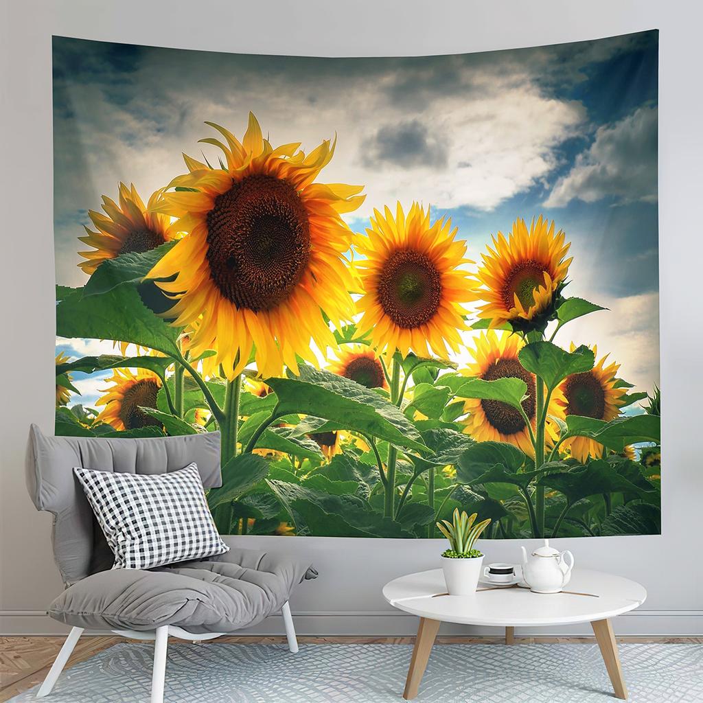 Sunset Sunflowers Field Tapestry Warm Yellow Floral Plant Tapestry Home Living Room Bedroom Dorm Wall Hanging Decorative Blanket
