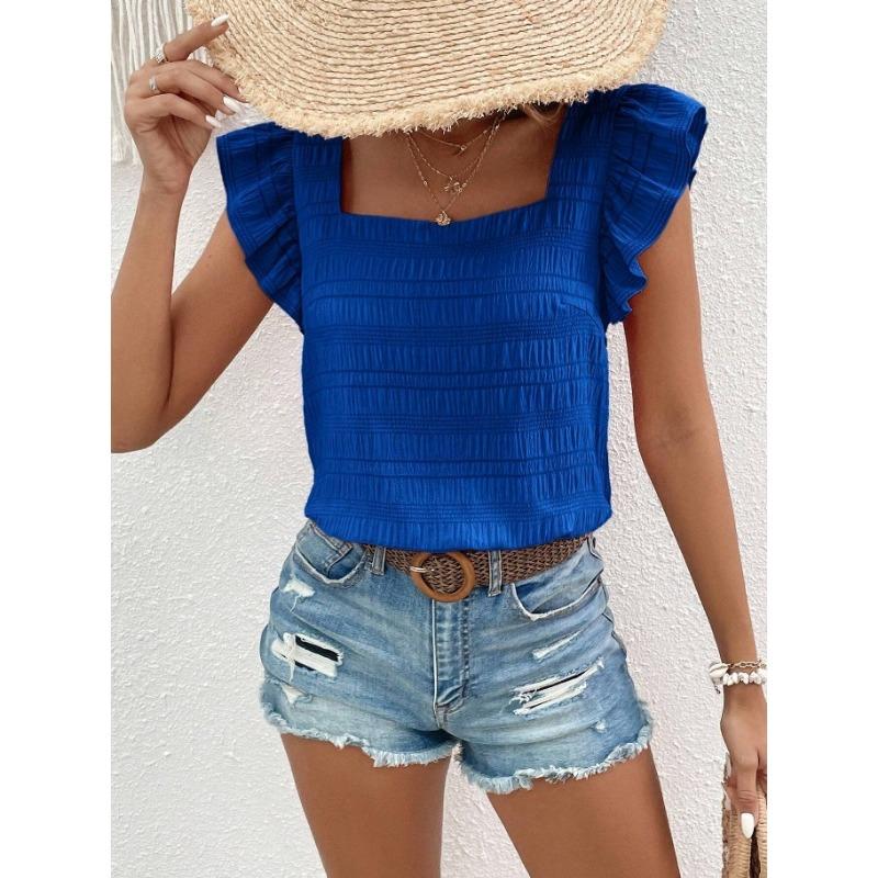 Haut de chemise à col carré et bord volanté pour femmes pour le printemps et l'été