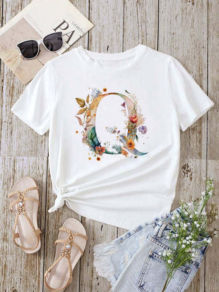 Custom Name Letter Combination Fashion Women T-shirt Floral Letter Font A B C D E F G Short Sleeve Tops White T-shirt