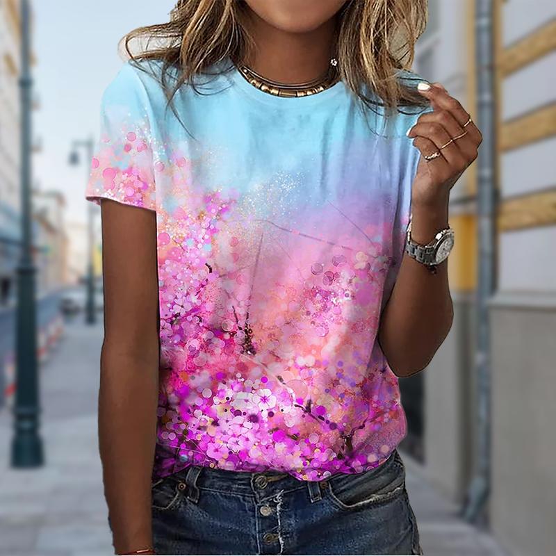 

Женская летняя футболка тренд цветочный принт ретро мода футболки с коротким рукавом повседневные принтованные топы 8XL розовый