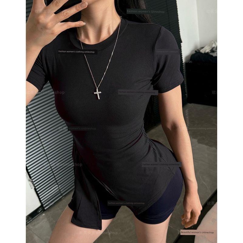 

[High Elastic] Pure Desire Style Yoga Short Sleeve Slim Looking Sports T-shirt Split Asymmetrical Outerwear Top Workout Clothes for Women