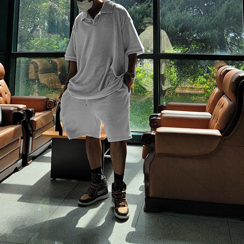 Men's Fashion Trend Versatile Summer Short Sleeved T Polo Shirt Short Sleeved Shorts Loose Towel Cloth Casual Set Wholesale