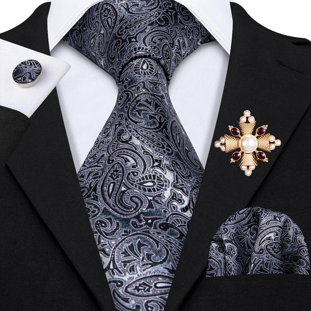 Barry.Wang Pearl sagė su kaklaraiščiu vyrams Paisley gėlių šilko kaklaraištis Hanky rankogalių sąsagų rinkinys
