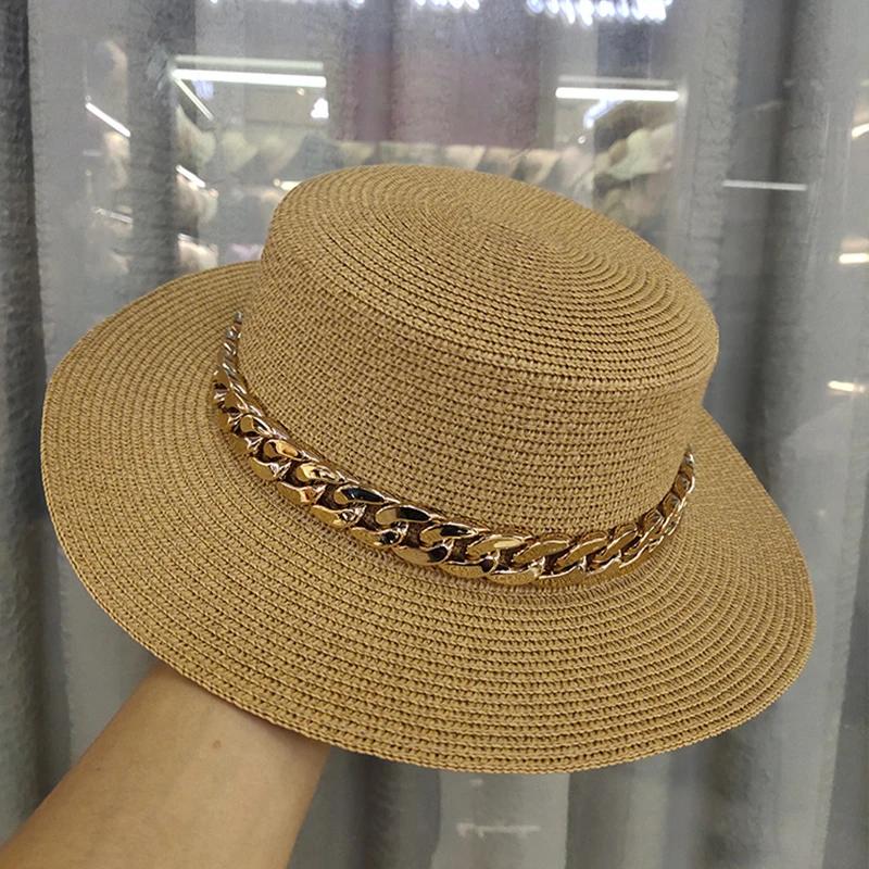 Nieuwe Kleur Ketting Platte Top Unisex Jazz Strooien Hoed Buiten Vrouwen Zeevakantie Zon Strand Hoeden Mode Zomer Panama Emmer Hoed