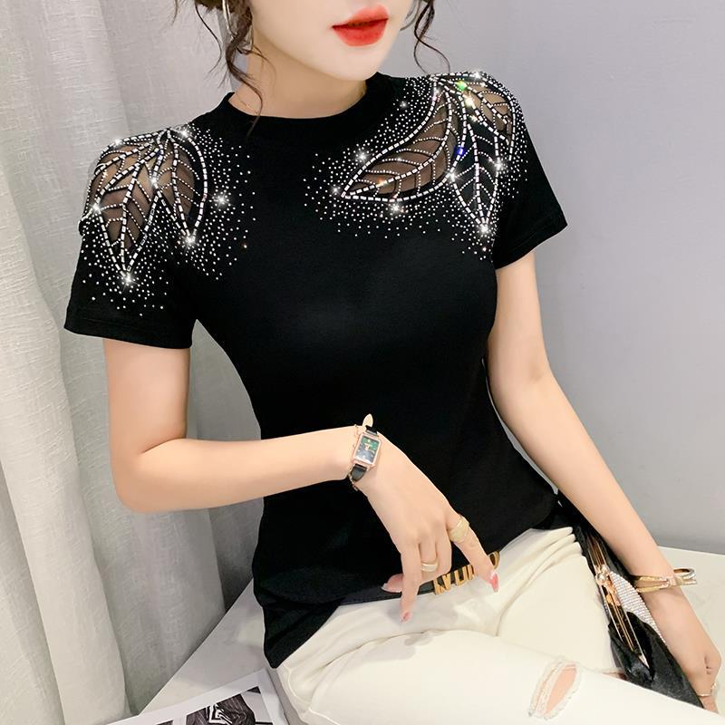 

2024 Женская облегающая кружевная футболка с ажурными ромбами — с короткими рукавами и круглым вырезом, модная одежда на весну/лето L чёрный