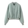 Women's Faux Suede Button Jacket Oversized Gathered Hem Short Length Coat Casual Vintage Outerwear With Pockets