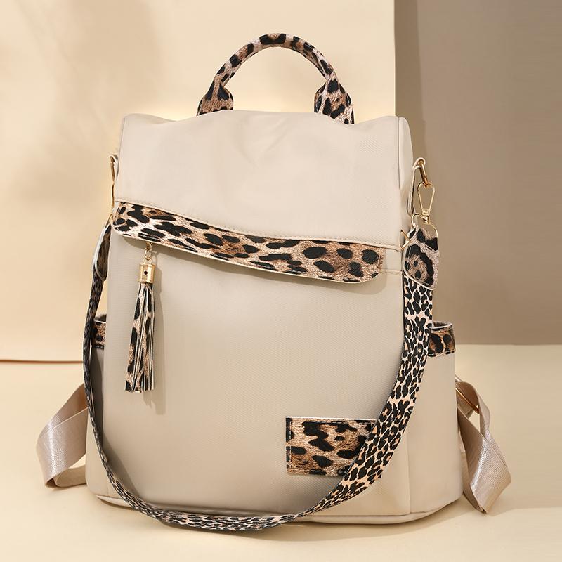 Nylon Leopard Print Women's Anti-theft Backpack Tassel Large Capacity Color Contrast Travel Backpack