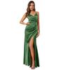 Women's Spaghetti Strap Satin Slit Dress Ruched V Neck Sleeveless