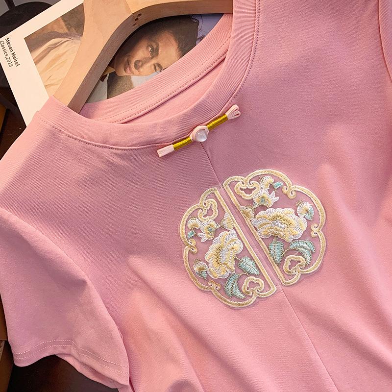 Dámské tričko s krátkým rukávem, krátké, nové, s kulatým výstřihem, vyšívané, červené, plisované, přiléhavé k pasu, top v novém čínském stylu