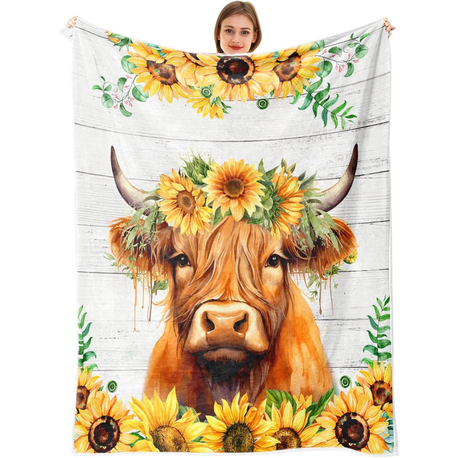 Highland Cow Throw Blankets, Farm Animal Farmhouse Cattle Flannel Warm Soft Cozy Fluffy Bed Couch Blanket, Country Sunflower Whi 70x100cm