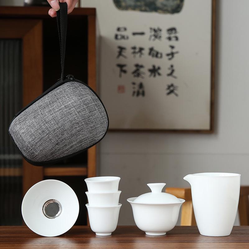 Dehua White Porcelain Travel Kung Fu Tea Set with Bag: 1 Bowl, 4 Cups, Glass Quick Cup, Gift Option, Customizable Logo.