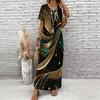 Women Plus Size V Neck Short Sleeve Black Gold Printed Long Straight Maxi Dress