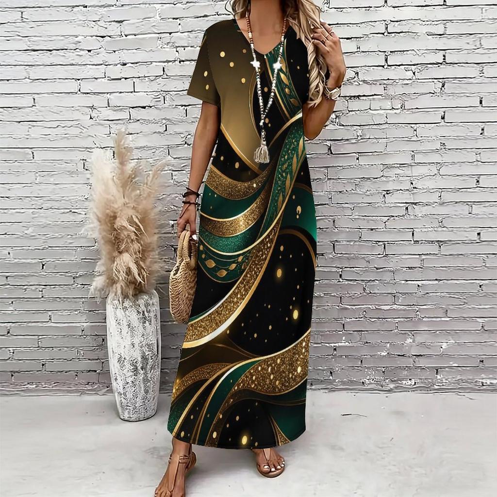 Women Plus Size V Neck Short Sleeve Black Gold Printed Long Straight Maxi Dress