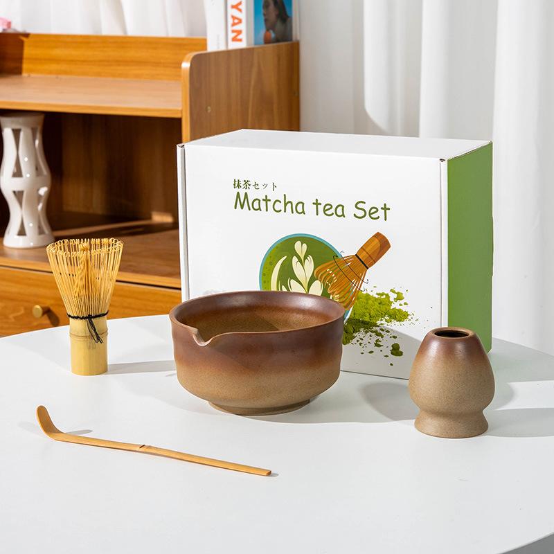 5-8pcs INS coarse pottery gradual change color tea stand matcha bowl set to order tea retro Matcha whisk set of tea tools