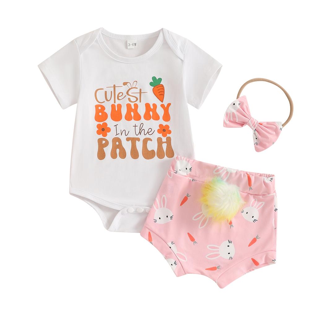 Baby Mädchen Oster-Outfits Hasenohren/Buchstaben-Print Rundhals Kurzarm Strampler Shorts Stirnband 3-teiliges Kleidungsset