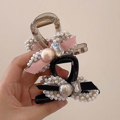 Korean Style Resin Bow Hair Clips for Woman Temperament Hair Claw Clip Imitation Pearls Zircon Ponytail Holders Hair Accessories French Hair Claw Clip
