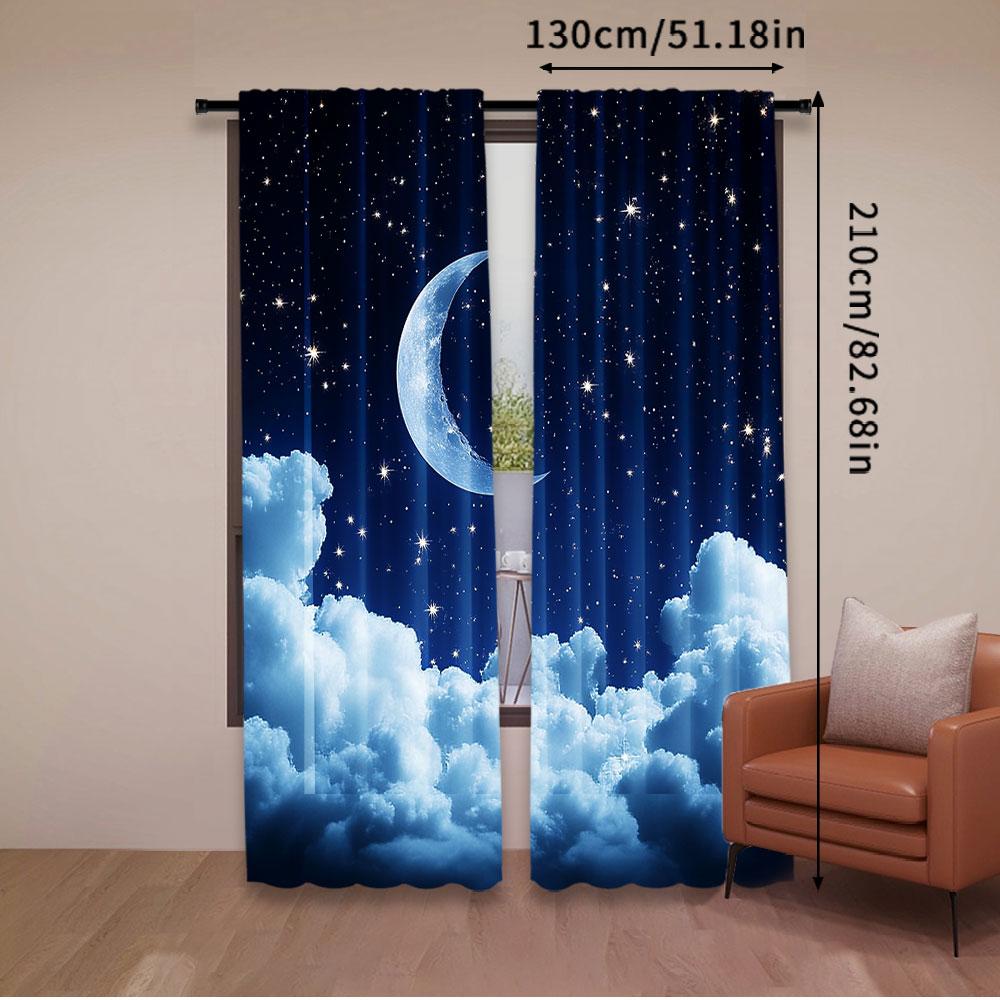 2Pcs Moon Curtains Blue Starry Sky Crescent Cumulus Curtain Suitable For Living Room Bedroom Hotel Dormitory A