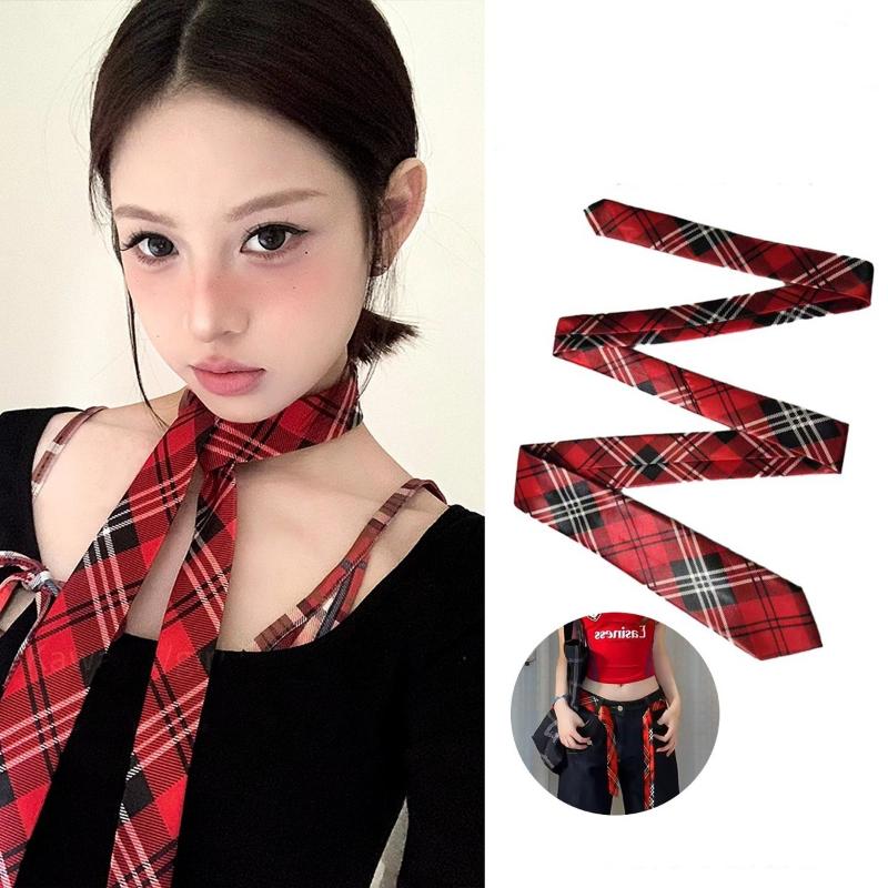 Cinto de Cintura Xadrez Longo e Fino Com Gravata Jeans Cachecol Acessório Decorativo Personalidade Tendência Faixa de Cabelo Acessório da Moda