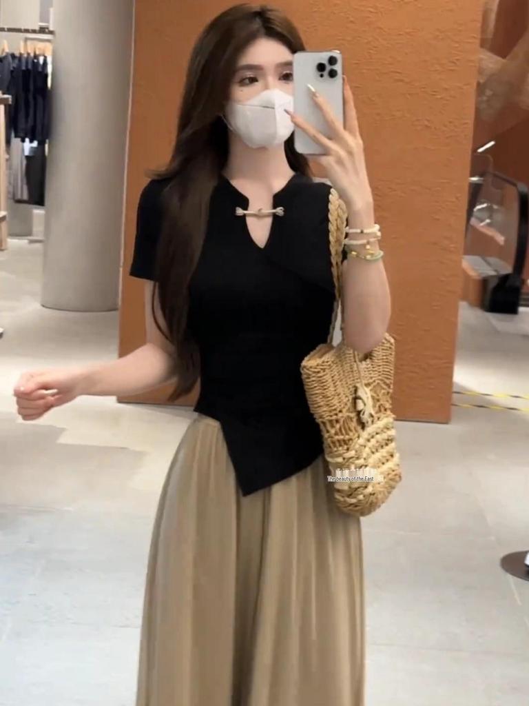 Plus Size Women's Summer Chinese Style Two-Piece Set: Top & Wide-Leg Pants - Elegant Goddess Look