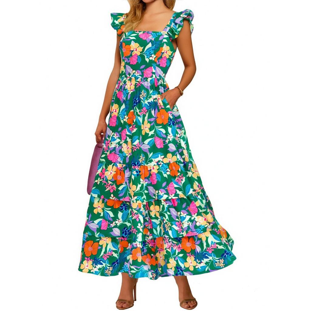 Women's Summer Dresses Casual Ruffled Ruched Tiered A-Line Boho Floral Long Beach Sundress With Pockets