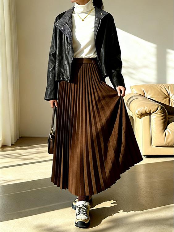 Fei Yuan Women's Elegant High-Waist Accordion Pleated Skirt - Autumn/Winter Style