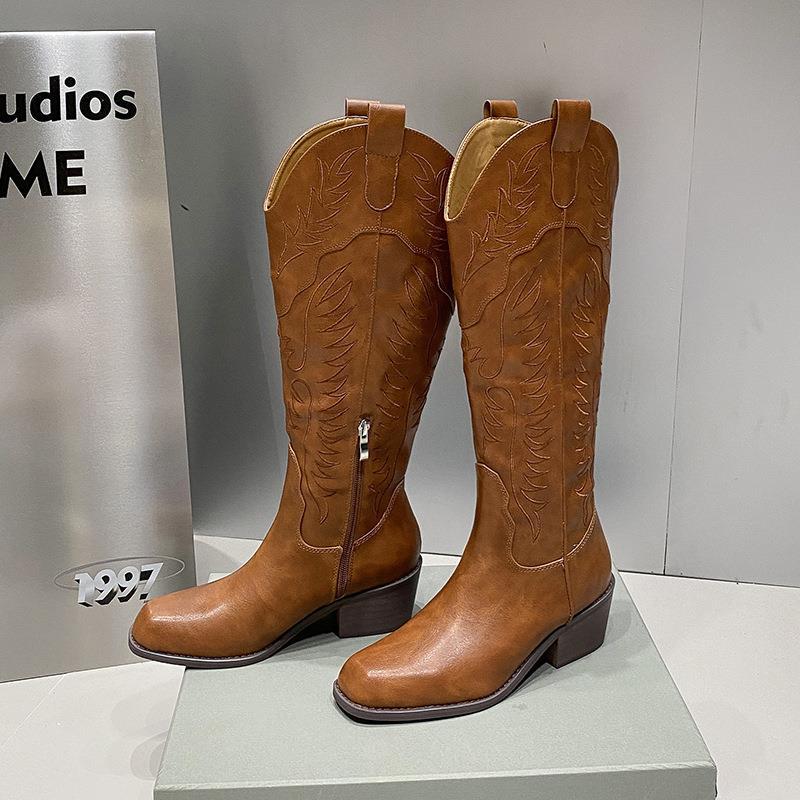 Autumn and winter new side zipper boots retro square head V-mouth embroidered thick heel western fashion high boots