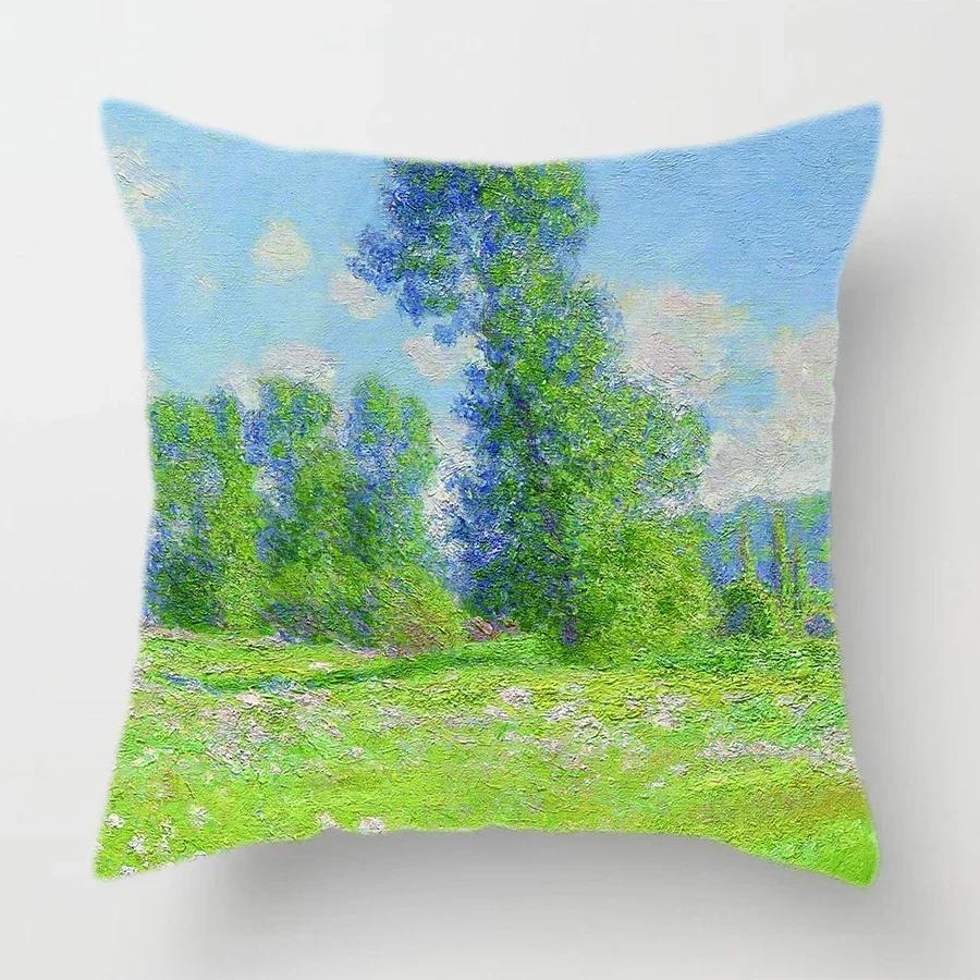 Claude Monet Polyester Printing Cushion Cover Sofa Landscape World Famous Oil Painting Throw Decorative Pillow Case Home Decor