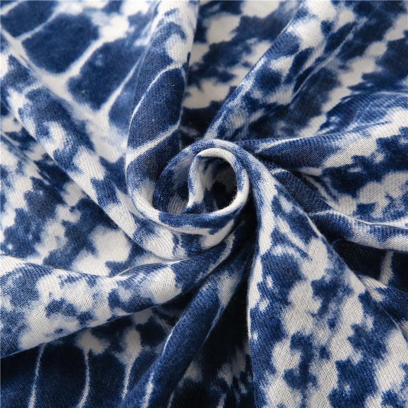 Stil Etnic Exotic Retro Porțelan Albastru și Alb, Randare Albastru Marin, Eșarfă de Mătase, Coadă Lungă Împletită, Mustață, Eșarfă cu Atingere de Mână Bumbac și In