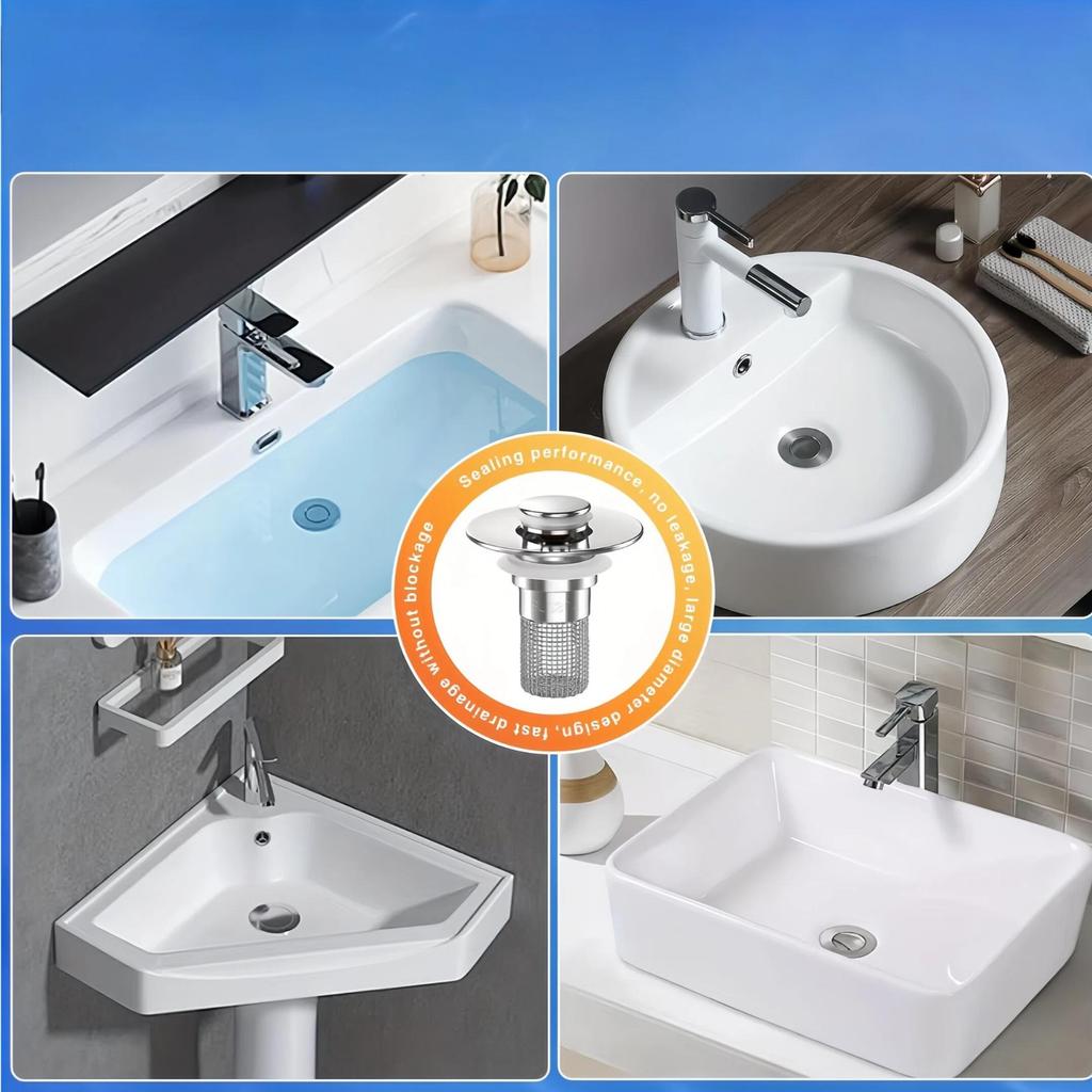2er-Pack Edelstahl Pop-Up Waschbecken-Abfluss-Sieb – Herausnehmbarer Korb! Verstopfungssicherer Haarfänger für Badewanne/Dusche/Waschbecken