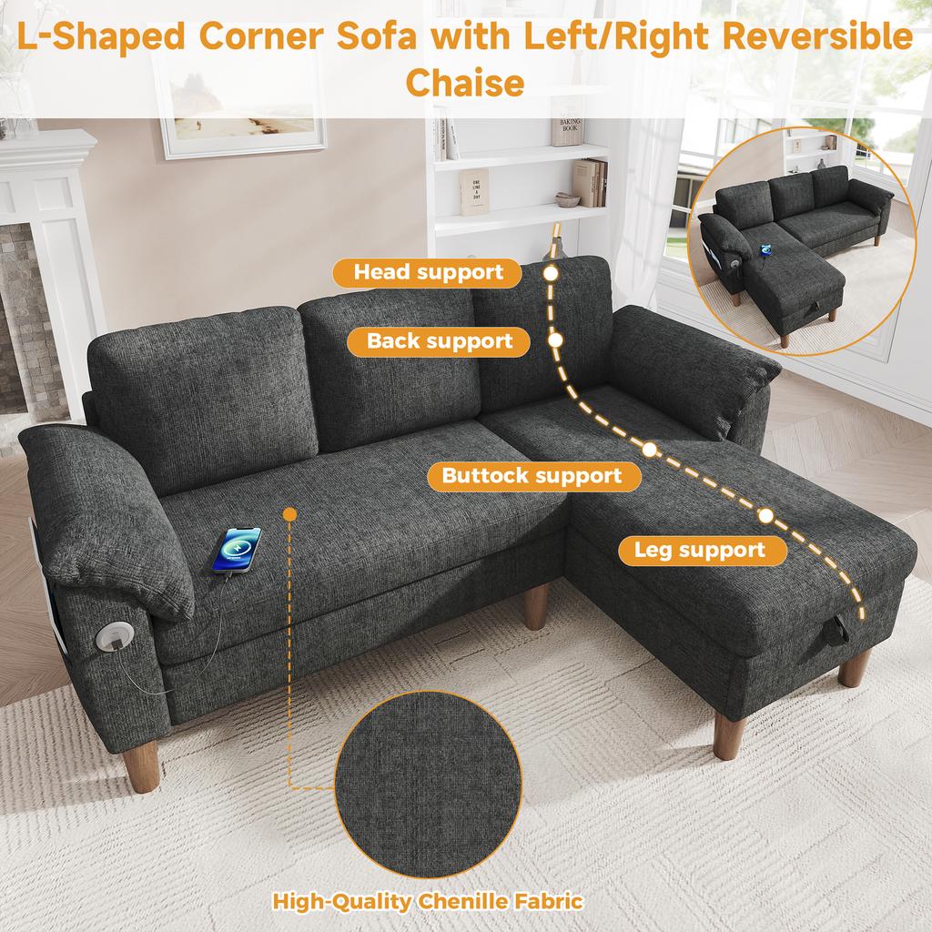 L-Shaped Corner Sofa, 3-Seater with Storage Chaise Longue, Left/Right Assembly, USB/Type-C Port, Pocket, Armrest Cushions, Chenille Fabric,Grey